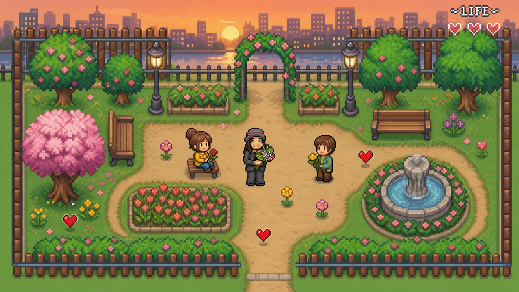 Illustrative original pixel-art park scene with fictional characters, flowers, and collectible hearts